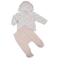 J13806: Baby Girls Stork Ribbed AOP Jacket & Footed Pant Outfit (0-6 Months)